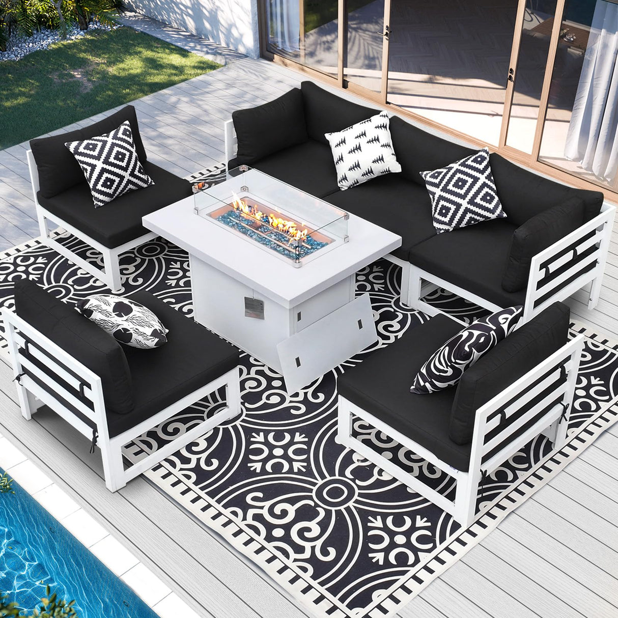 RADIATA 7 Piece L-Shaped Oversized Modern Aluminum Patio Furniture Set, All Weather Modular Sectional Sofa with Fire Pit Table, 500 lbs Heavy Duty Comfortable Outdoor Couch for Backyard Deck, Black RADIATA