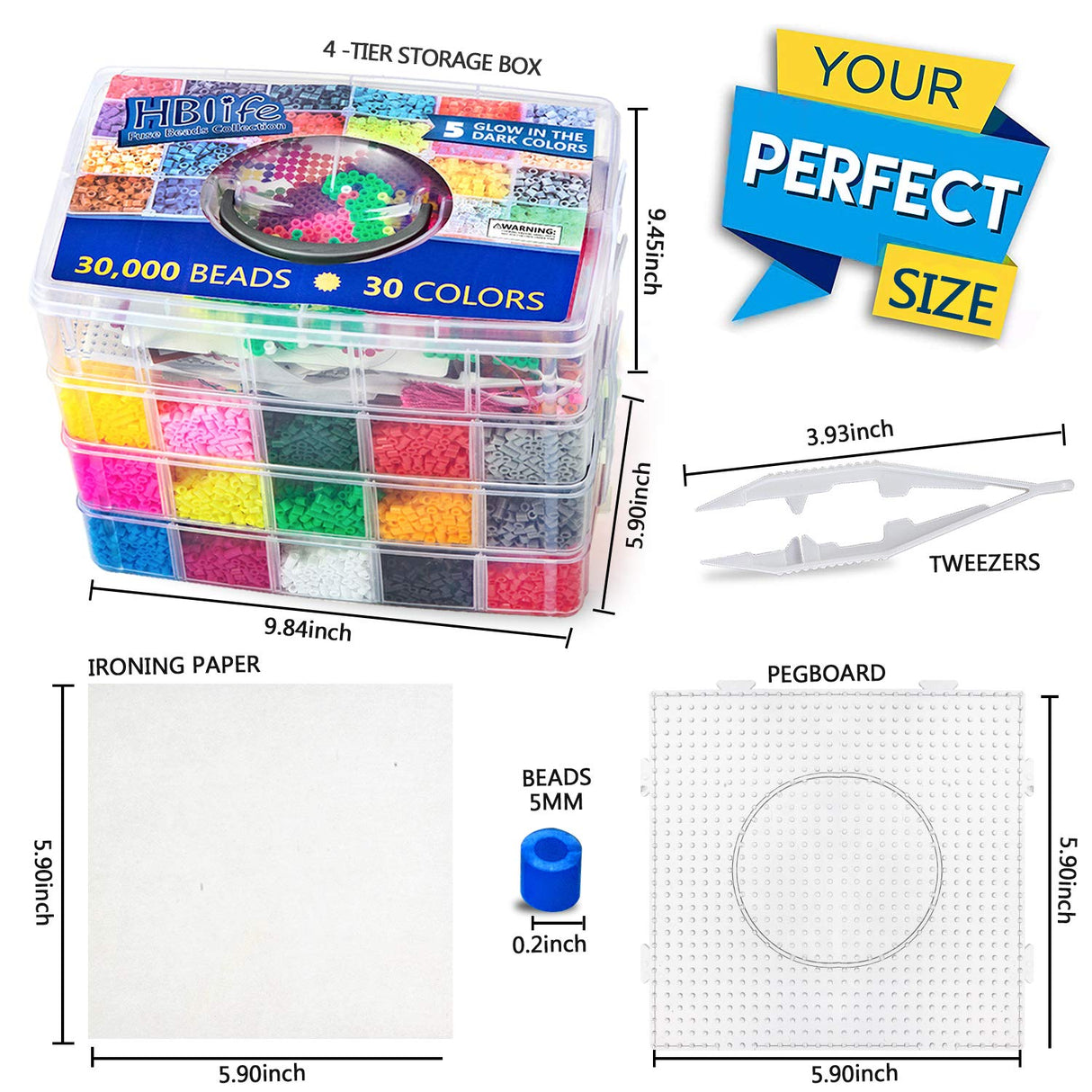30,000 pcs Fuse Beads Kit 30 Colors 5MM for Kids, Including 10 Ironing Papers,48 Patterns, 7 Clear Pegboards, Tweezers, Perler Beads Compatible Kit HBlife