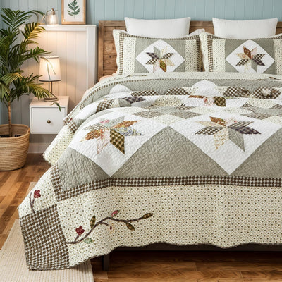 Brandream Queen Size Luxury Patchwork Quilts Premium Cotton Farmhouse Quilted Bedspread Vintage Quilt Set