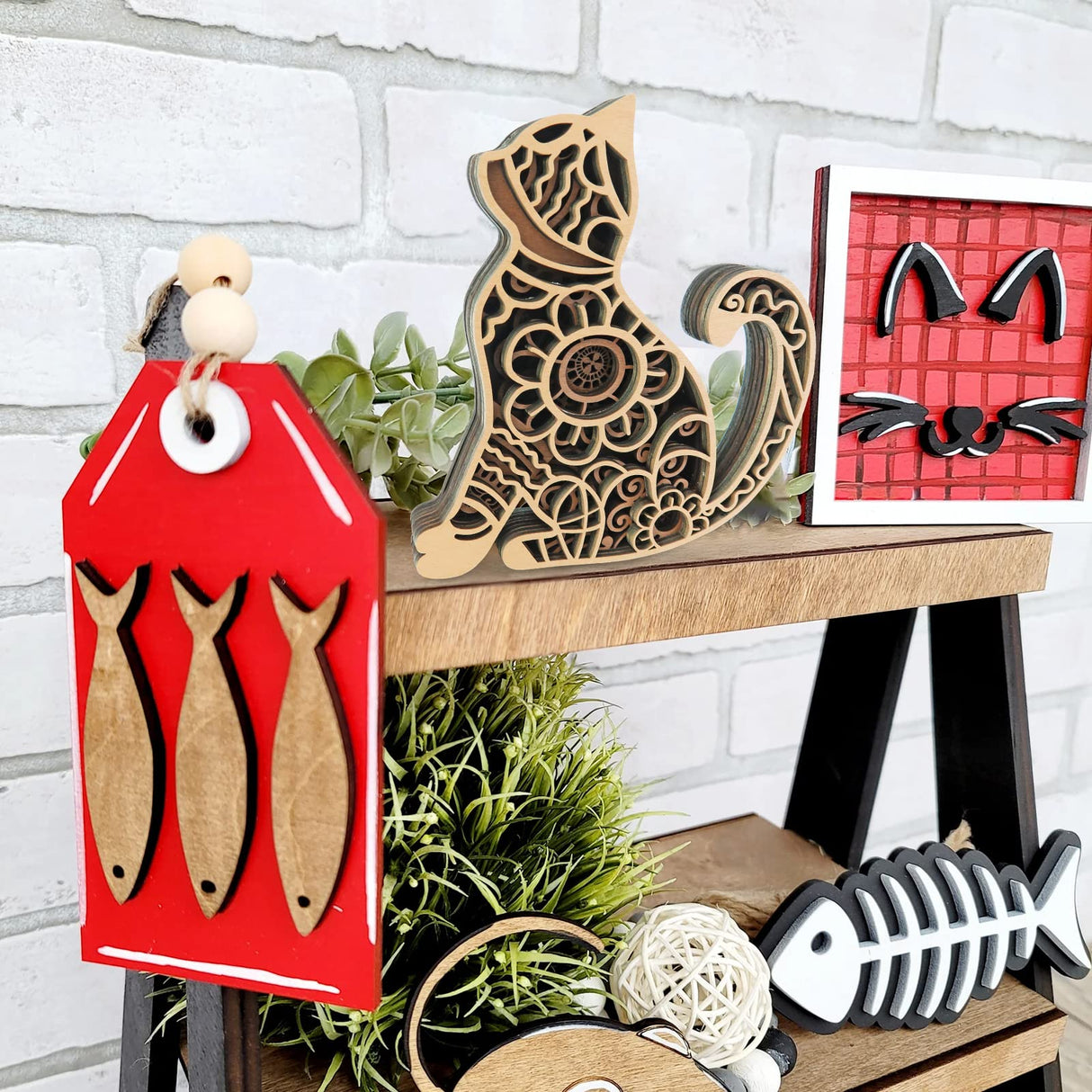 Multi-Layered Cat Decor, Farmhouse Wooden Cat Craft 4 Layer Rustic Kitten Self-Standing Statue Desktop Shelf Tier Tray Display Cat Lovers Gift 6'' Laisgee