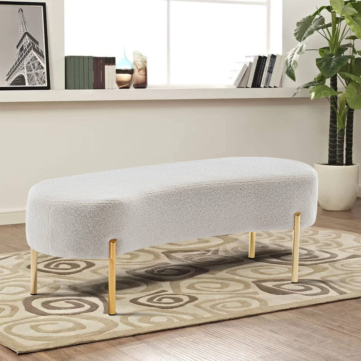 ALISH Upholstered Bench Modern Ottoman Bench Bed Bench Entryway Bench with Gold Legs for Living Room, Bedroom White ALISH
