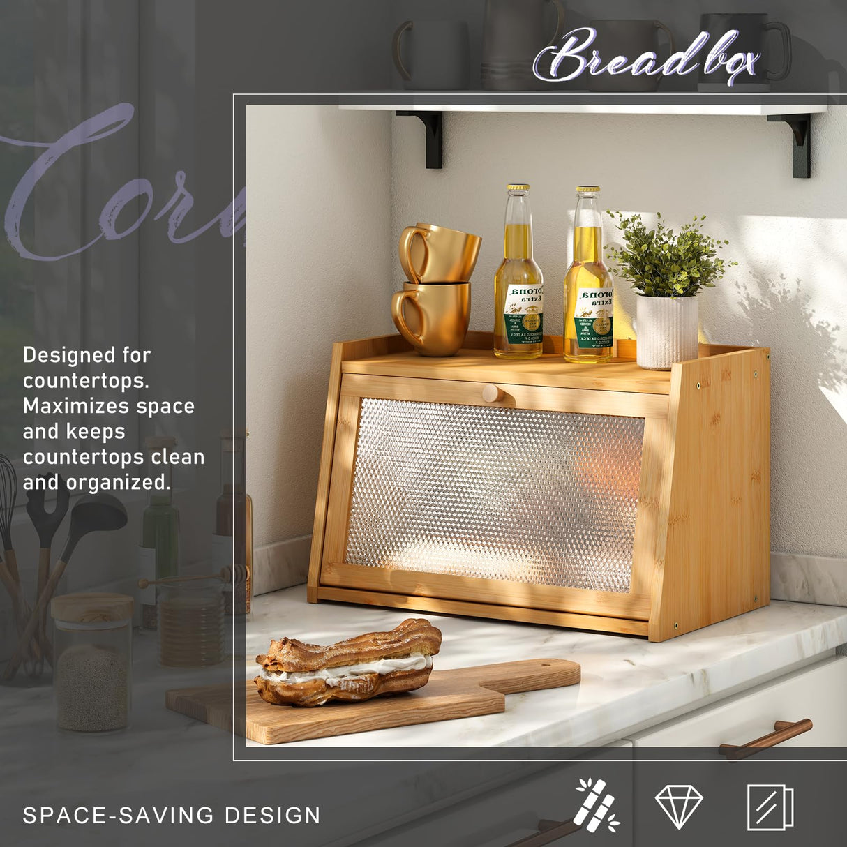 Wieghda Large Farmhouse Bread Box with Window - Natural Wood Bread Storage Container for Kitchen Countertop Wieghda