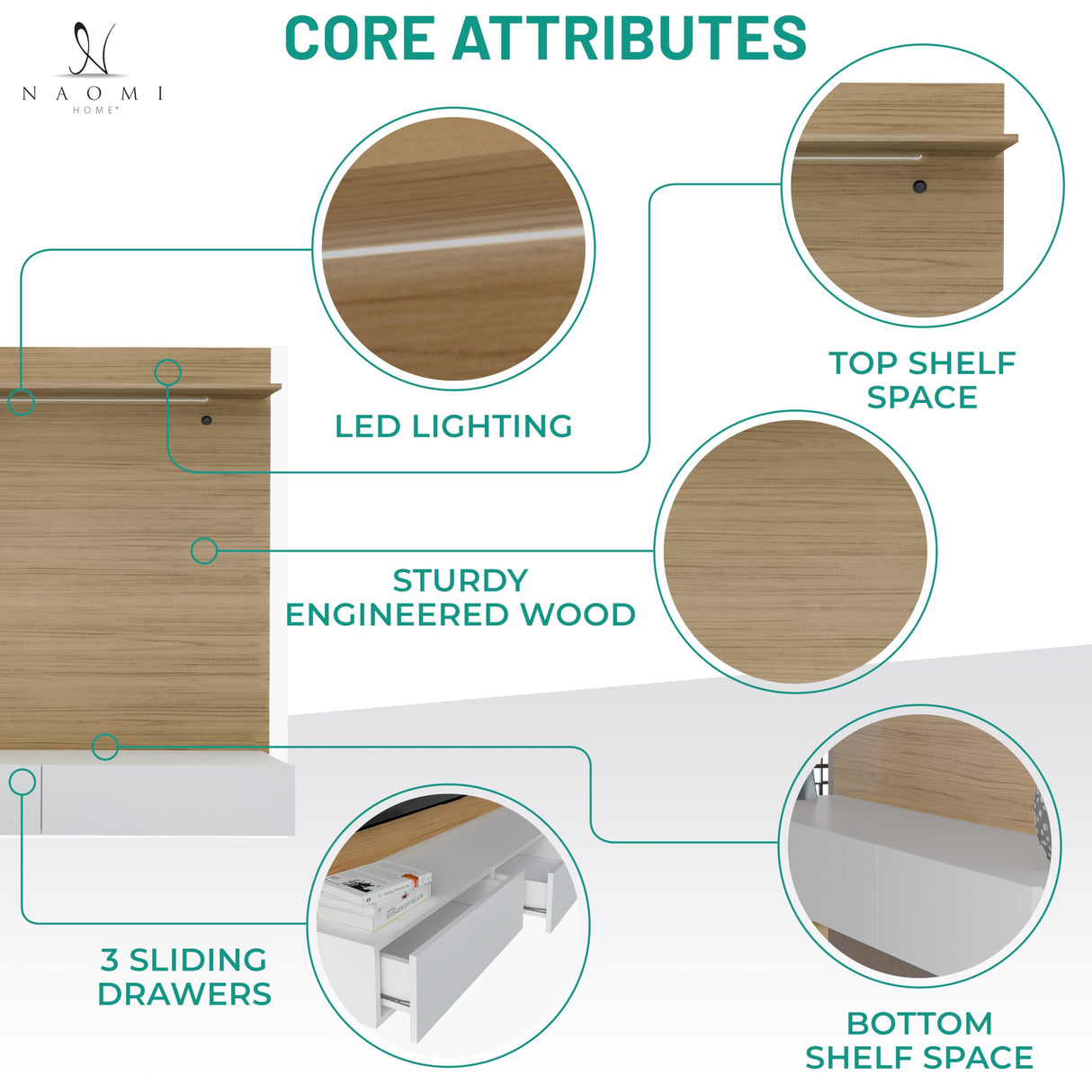 Modern Freestanding Floating Entertainment Center Floating TV Stand Wall Mounted TV Wall Panel for 75 inch TVs Home Theater with LED Strip Pull - Out Drawers and Overhead Shelf Natural Naomi Home