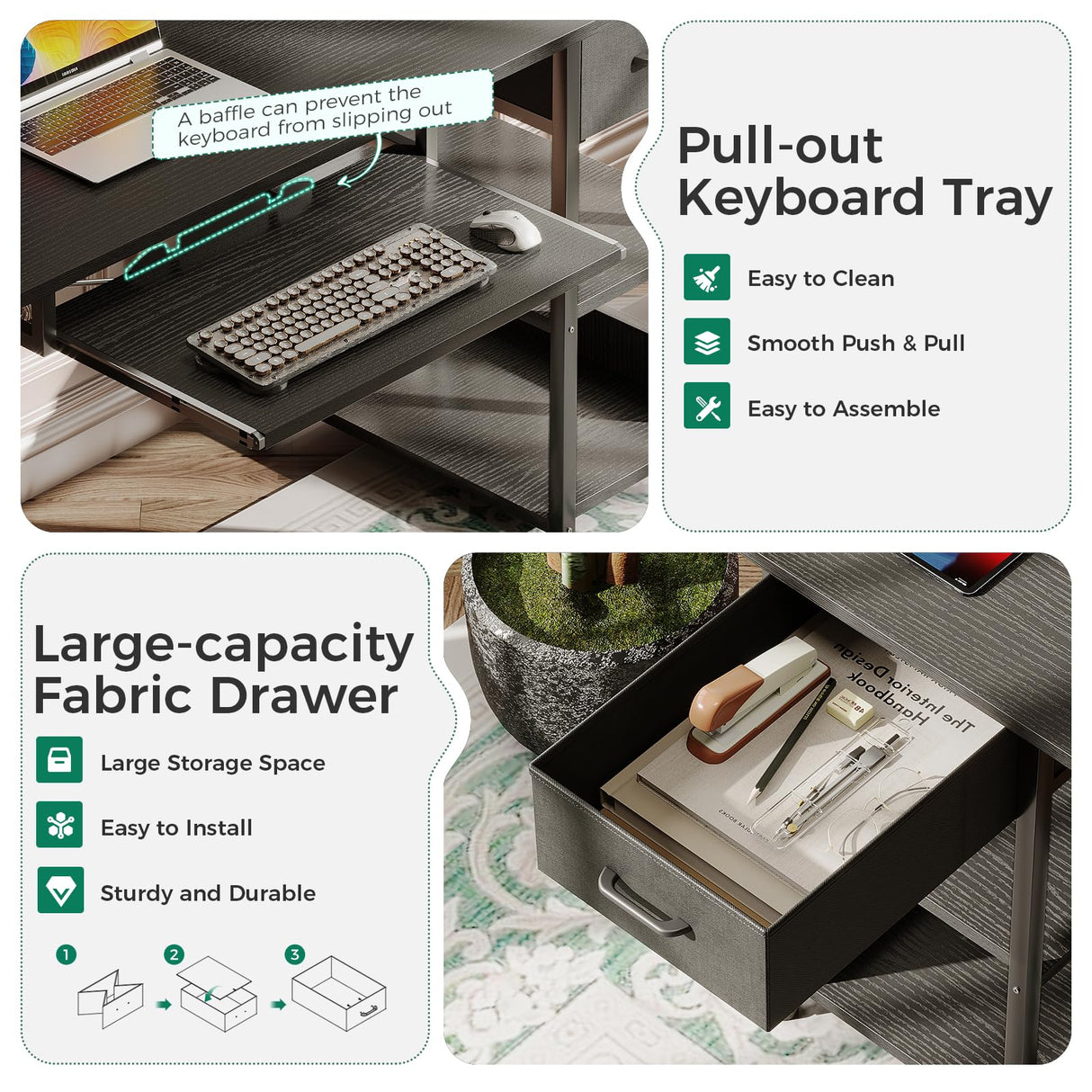 AODK Gaming Desk with LED Lights & Power Outlet, 48 Inch Computer Desk with Keyboard Tray, Office Desk with Drawer, Reversible Desk with Adjustable Monitor Shelf and Storage Shelf, Black AODK