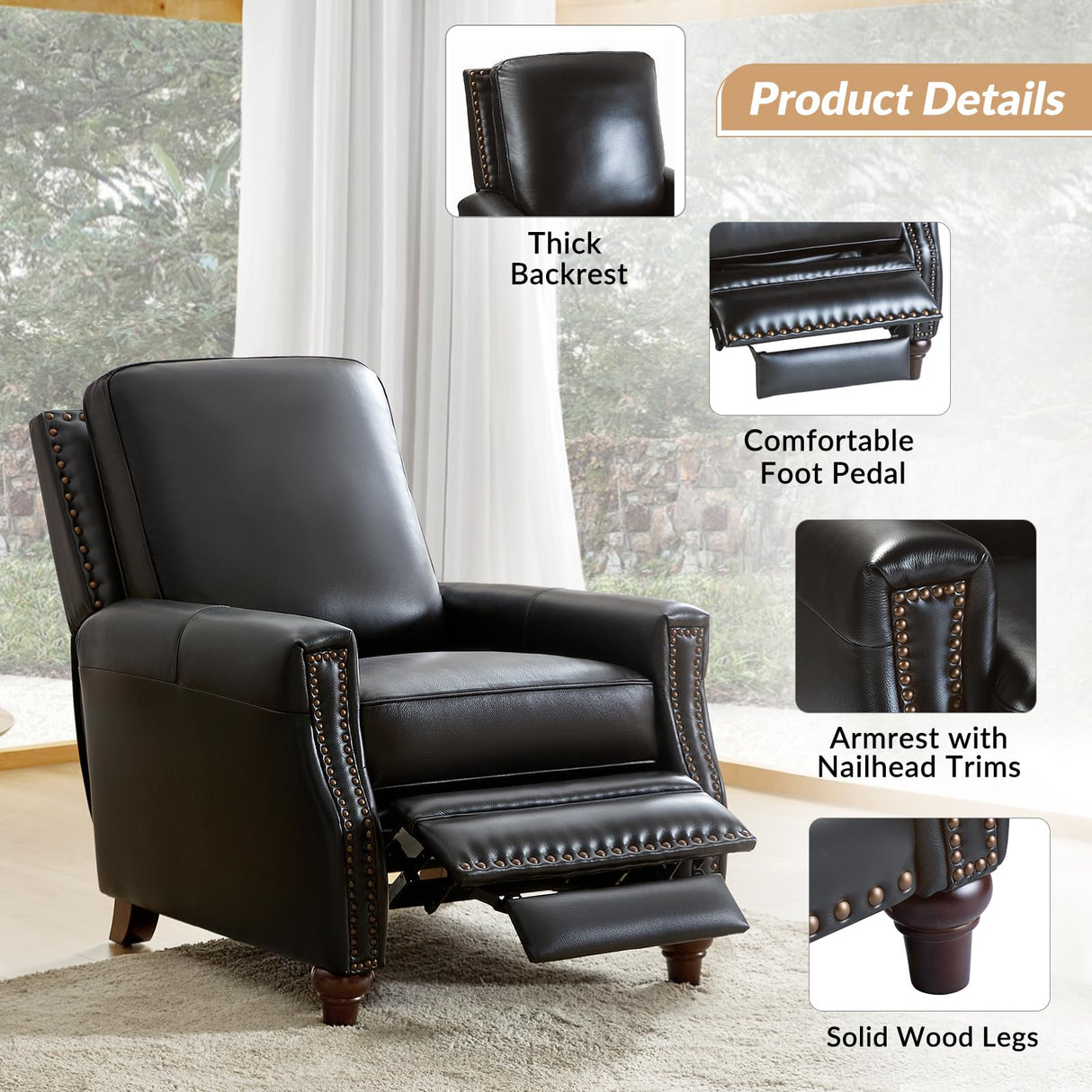 HULALA HOME Genuine Leather Recliner Chair, Classic Push Back Recliner Armchair with Thick Seat and Backrest (Black) HULALA HOME