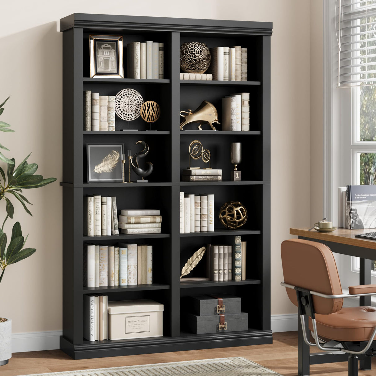 Garvee 74.5" Tall Bookshelf with Double Storage, 6-Tier Large Bookshelf, Double Wide Bookshelves w/ 12 Cubbies, Wide Freestanding Bookcases for Livingroom Office Library (Blcak, 74.5"H*46.1"W*12.4"D) Garvee