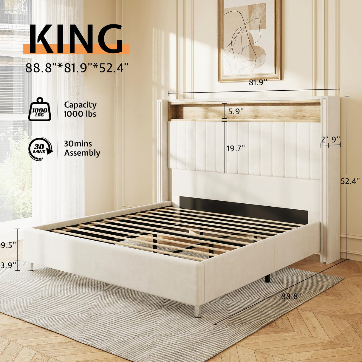 Jocisland King Platform Bed Frame with LED Lights, USB Charging Ports, Tall Velvet Headboard with Wingback Storage, No Box Spring Needed, Easy Assembly, Cream Jocisland
