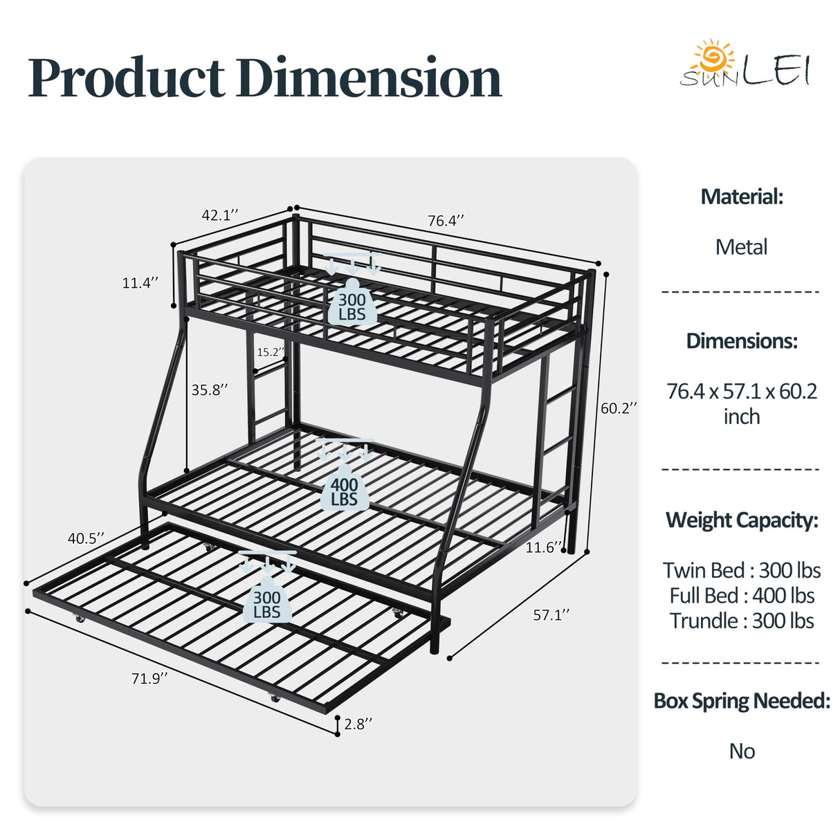 SUNLEI Bunk Bed Twin Over Full with Trundle, Twin Trundle Bed with Daybed, Metal Bunk Bed with 2 Secured Ladders, Safety Guard, Noise Free for Small Bedroom, Black (with Trundles, Twin Over Full) SUNLEI