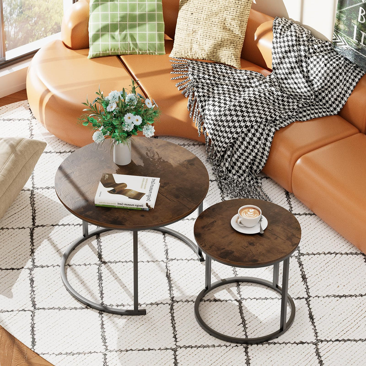 aboxoo Coffee Table Nesting Round Table Set of 2 Side Table with Sturdy Metal Frame for Living Room Bedroom Apartment Modern Industrial Simple Nightstand,Rustic Brown aboxoo