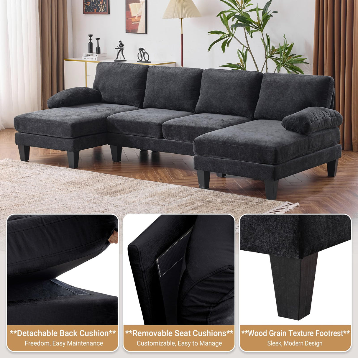 VINGLI 110" Sectional Couches for Living Room,U Shaped Couch with Double Chaise, 4-Seat Sofa Set with Chenille Fabric for Home Furniture,Black VINGLI