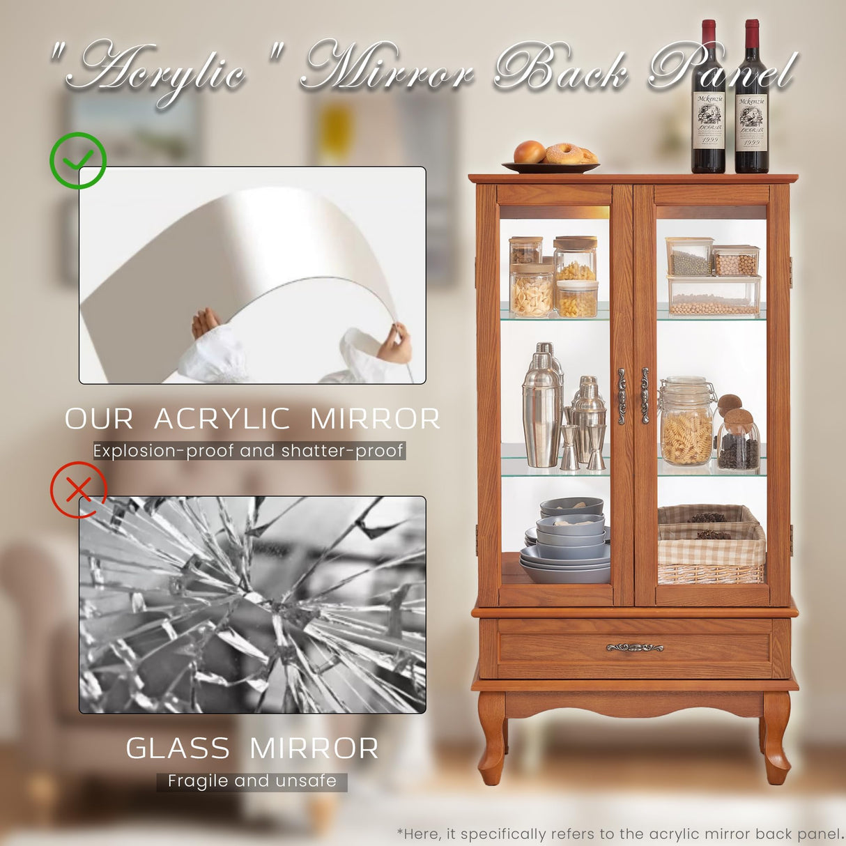 CKEASEAN Lighted Curio Cabinet, 52" H Glass Display Cabinet with Adjustable Shelves, China Cabinet with Tempered Glass Doors for Living Room, Light Blub Included (Dark Oak) CKEASEAN