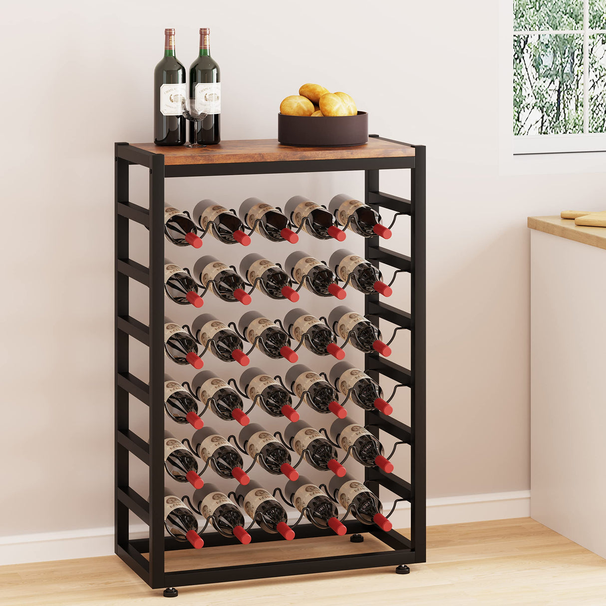 Dripex 30 Bottles Wine Rack Free Standing Floor, 6-Tier Display Wine Storage Shelves with Wooden Table Top, Sturdy Metal Bottle Holder for Kitchen Bar Pantry 23.2''L x 11.8''W x 34.7''H Dripex