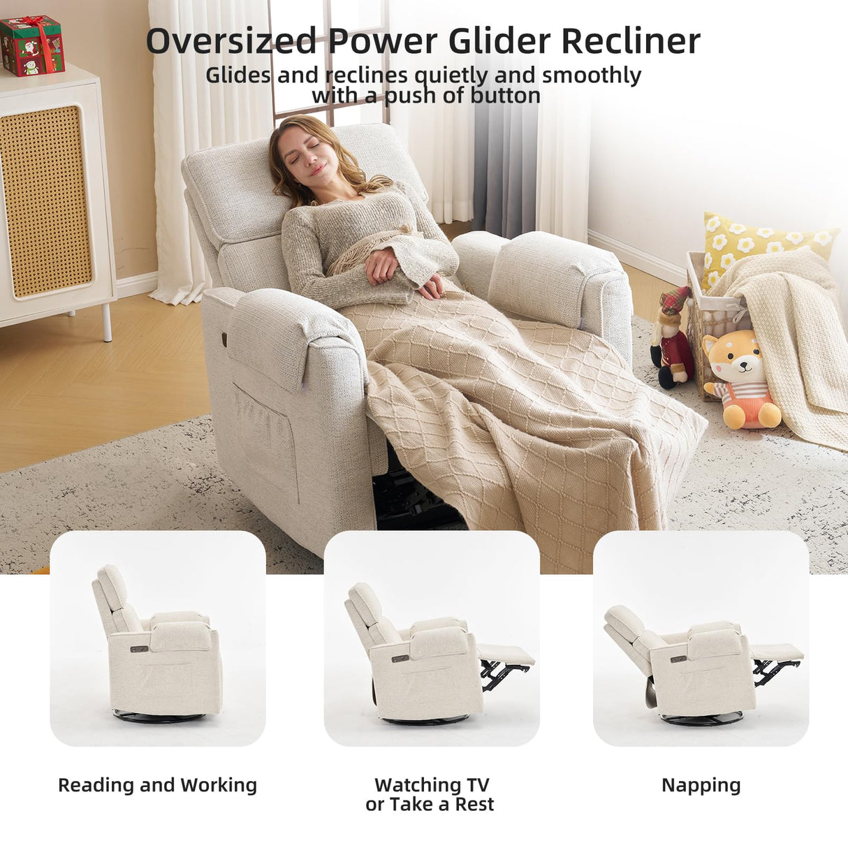 Rhevoy Oversized Power Recliner Chair, 26" Extra Wide Swivel Rocker Recliner with Adjustable Headrest, Chenille Glider Rocking Nursery Chair with Overstuffed Armrest, USB Ports, White Rhevoy