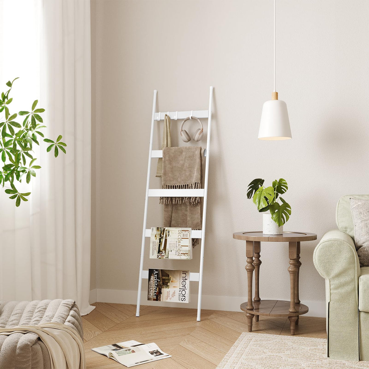 ELYKEN Blanket Ladder for Living Room, Farmhouse 5 -Tier Quilt Holder with 4 Removable Hooks for Bathroom, Wood Towel Rack Display, Wall Anchor Leaning Decorative Stand for Home Decor, White ELYKEN