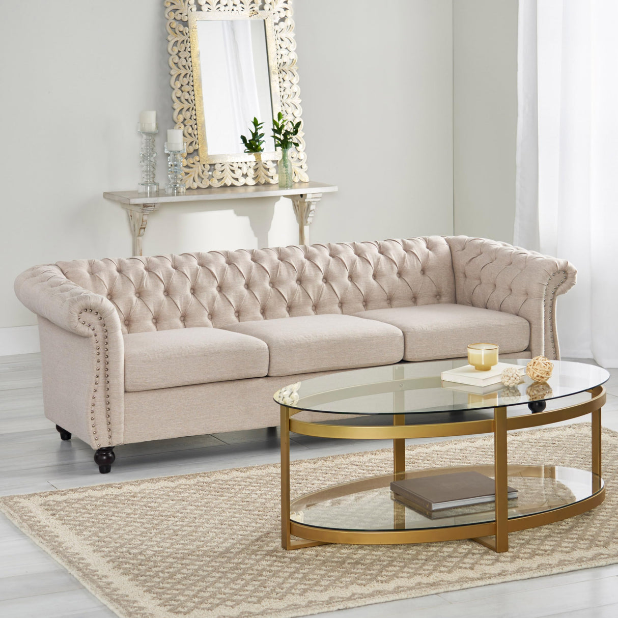 roomfitters Elegant Chesterfield Sofa with Fabric Upholstery and Turned Legs, Luxurious Sofa for Living Room and Bedroom, Beige Fabric roomfitters