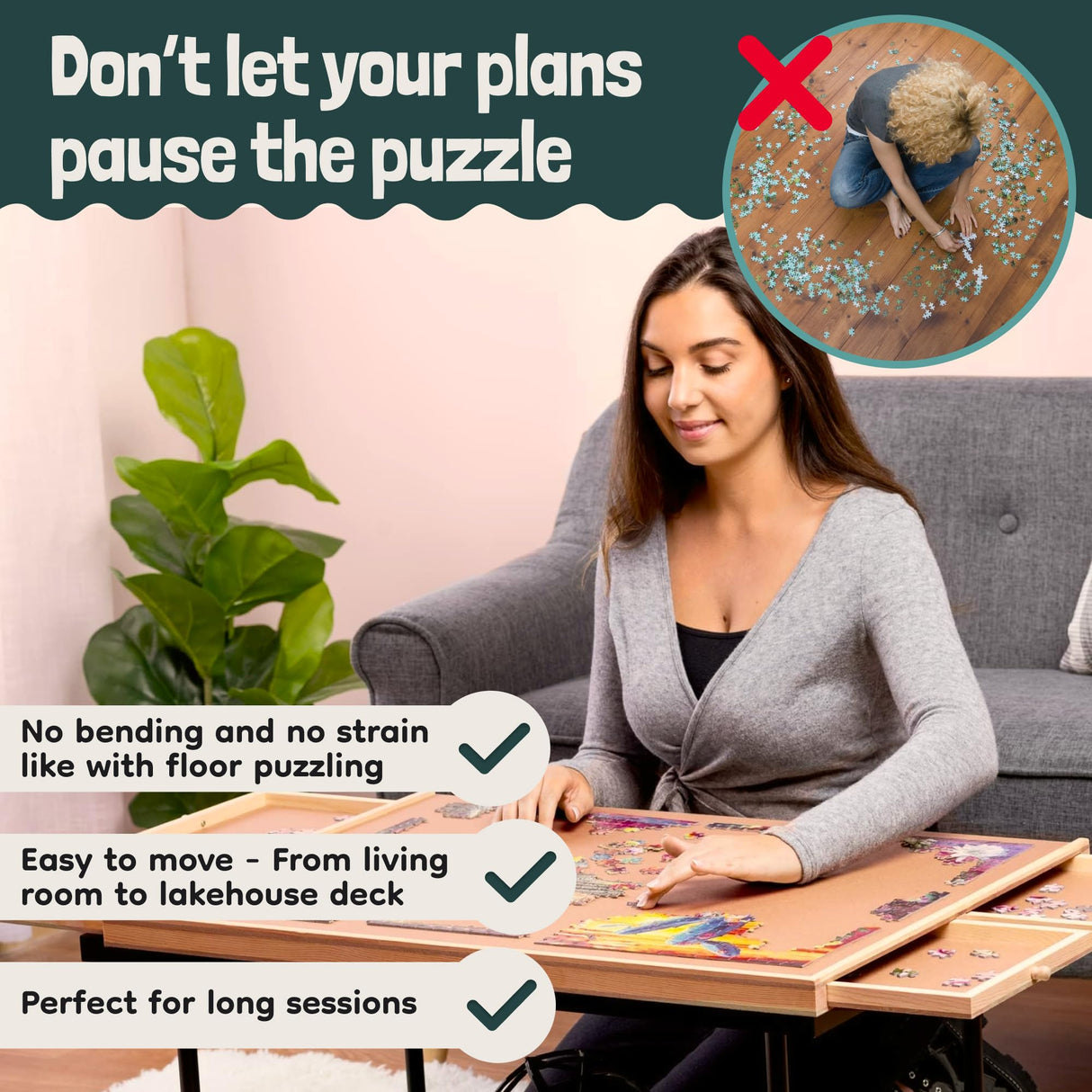 Gondola 1500 Pieces Puzzle Board with Mug Holders, 6 Drawers and Cover, Sturdy Jigsaw Puzzle Table Tray, 26"x35" Portable Wooden Jigsaw Puzzles Accessories, Jig Saw Home Holder Organizer Boards Gondola