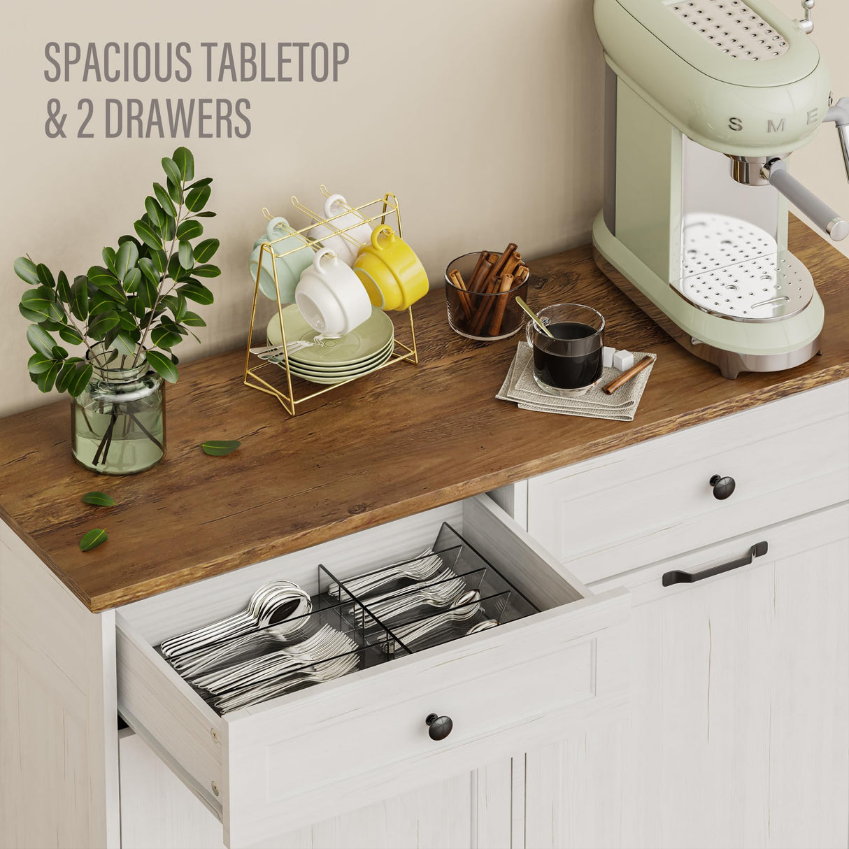 NEWOWNDS Tilt Out Trash Can Cabinet, Dog Proof Trash Can Storage Cabinet with 2 Drawers, Adjustable Shelf, Kitchen Island with Trash Can Storage, Hidden Trash Cabinet (White, Dual Doors) NEWOWNDS