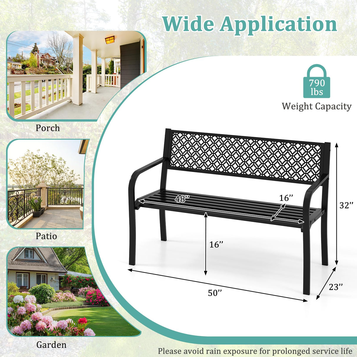 Tangkula 50 Inches Outdoor Garden Bench, Metal Patio Park Bench with Geometric Lattice Backrest, Armrests and Slatted Seat, Outdoor Loveseat Chair for Porch, Lawn and Yard (Black) Tangkula