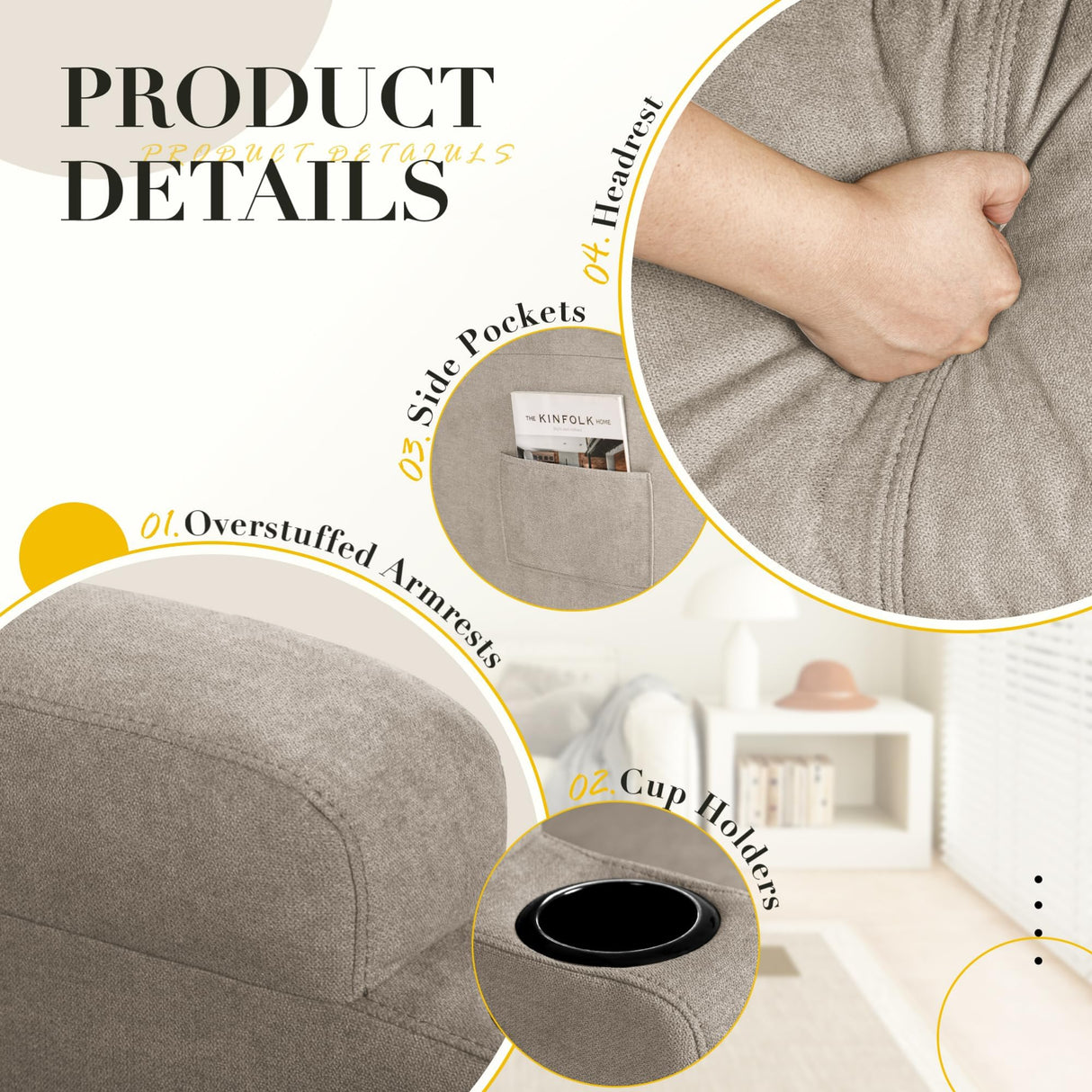 Recliner Chair, 360° Swivel Rocker Chair for Adults, Rocking Recliner Chair with Massage, Comfy Single Sofa with Side Pockets Cup Holders for Living Room, Bedroom, Nursery (Fabric, Khaki) Furmax