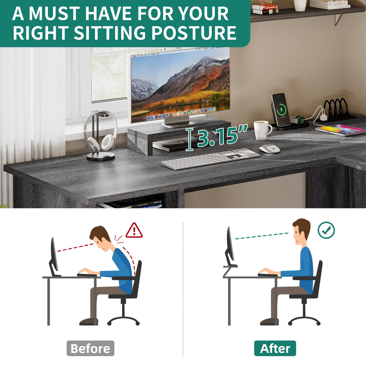 YITAHOME L Shaped Desk with Power Outlets, 60 Inch Computer Desk Corner Desk with File Drawer, Home Office Desk with Monitor Stand & Storage Shelves, L-Shaped Desk with File Cabinet, Grey YITAHOME