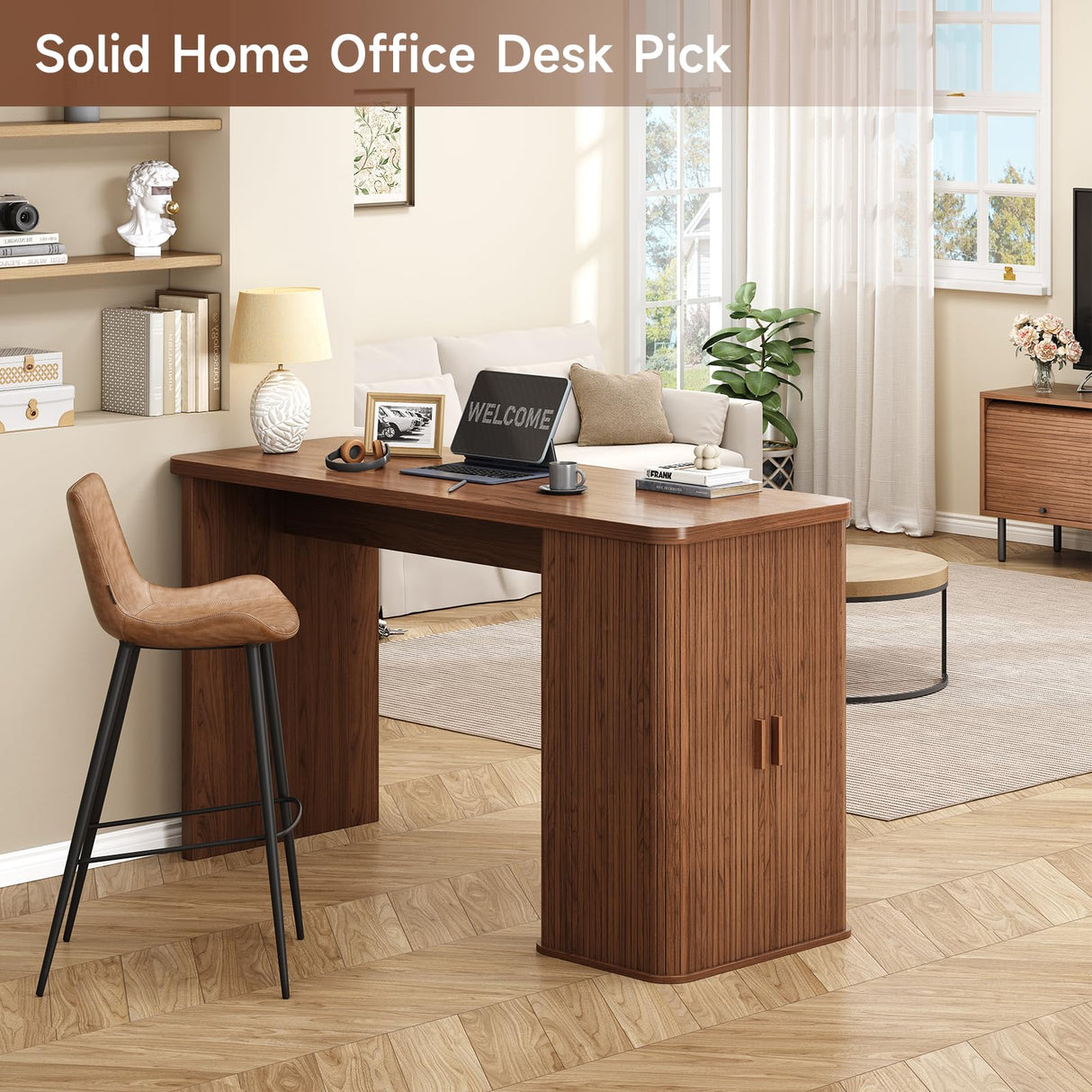 ONBRILL 59 Inch Kitchen Island with Storage, Fluted Counter Height Table, Mid-Century Modern Kitchen Island Table with Sliding Door, Home Bar Tables with Wine Rack and Drawers Walnut ONBRILL