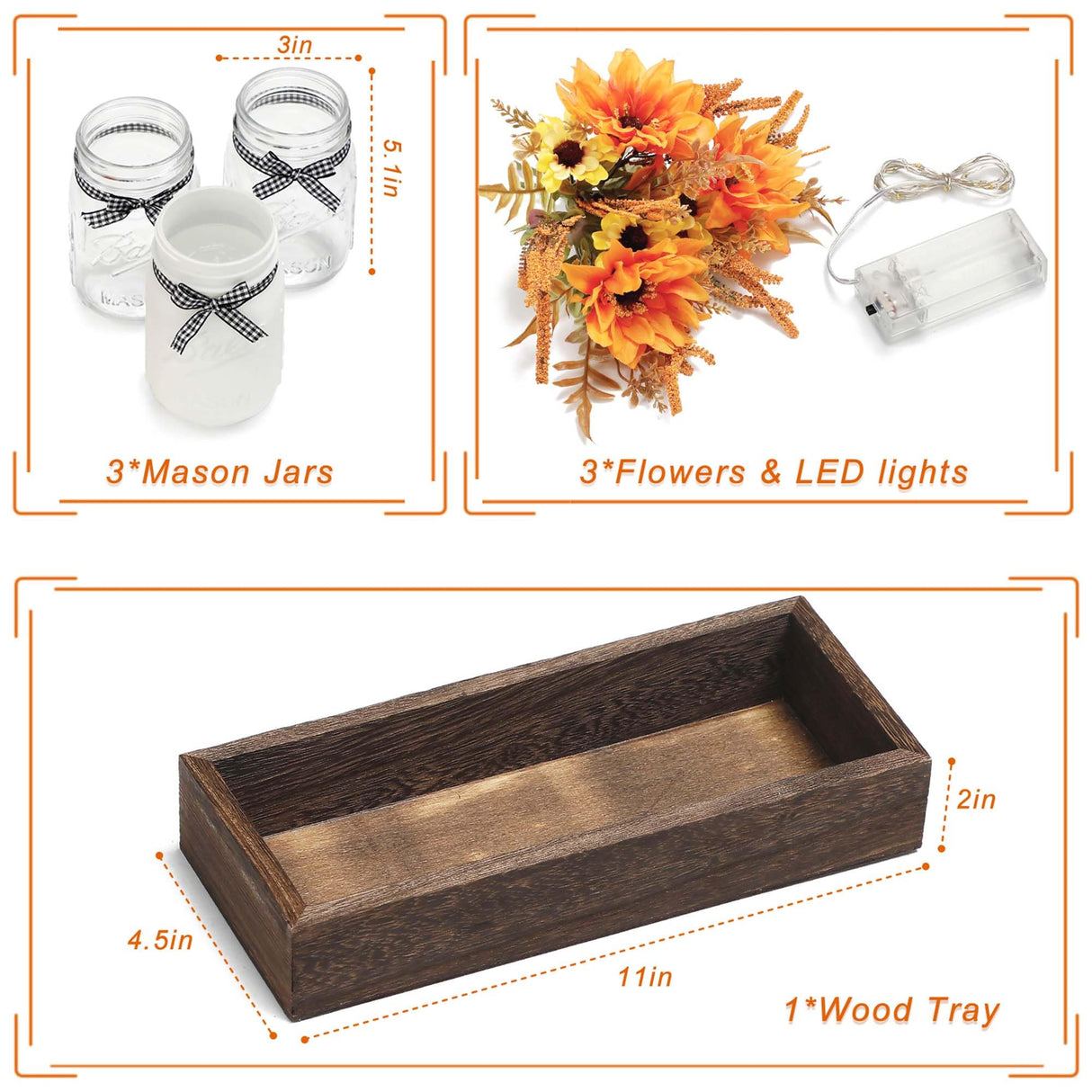 Thanksgiving Mason Jar Centerpiece for Table with LED Lights & Artificial Flowers, Set of 3 Mason Jars Farmhouse Painted Decorative Jars for Fall Home Decor Kitchen Table Centerpiece SUPREME LIGHTS ·2017·