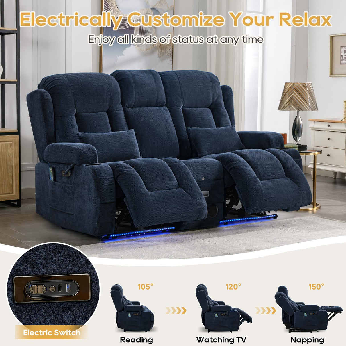 IPKIG Power Loveseat Recliner Sofa with Flip-Up Backrest Console, Drawer, AC Outlet, LED Light, Bluetooth Speakers, Wall Hugger Recliners for Living Room, RV, Home Theater (Navy Blue, Loveseat) IPKIG