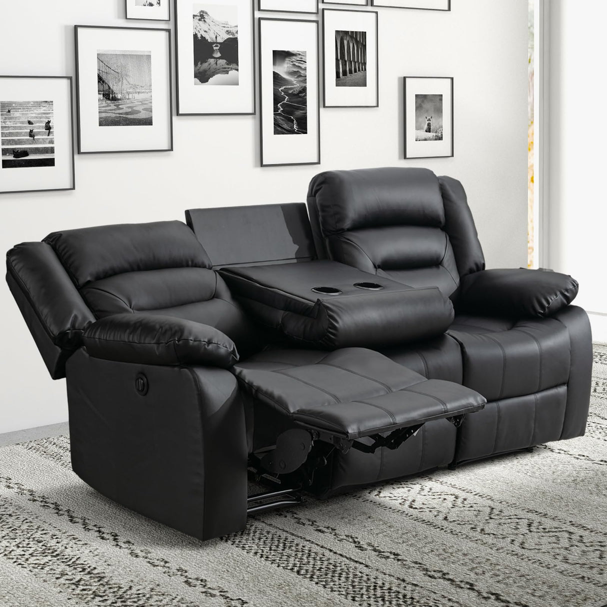 EBELLO Faux Leather Power Electric Reclining Sofa, Overstuffed Comfortable Armrest 3 Seat Recliner Sofa, Couch for Living Room, Bedroom Furniture, Meeting Room, Black (3 Seat Sofa) EBELLO