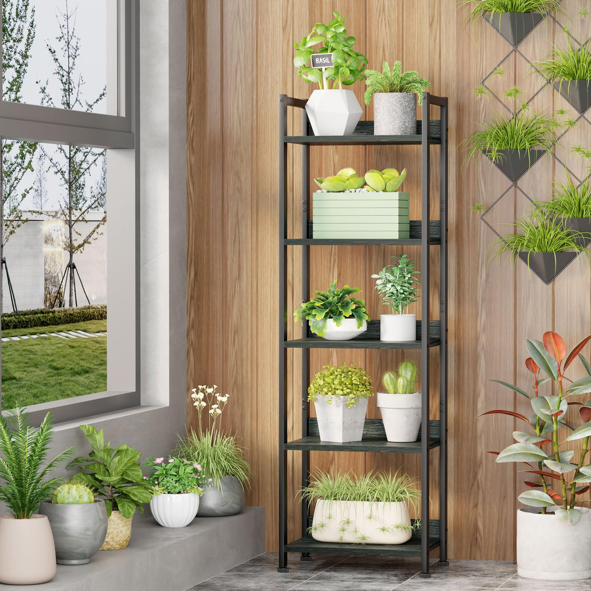 Furologee 5 Tier Bookshelf with Drawer, Kitchen Bakers Rack with Storage, Tall Narrow Bookcase, Industrial Free Standing Display Shelf, Wood and Metal Book Shelf for Bedroom, Living Room, Black Furologee