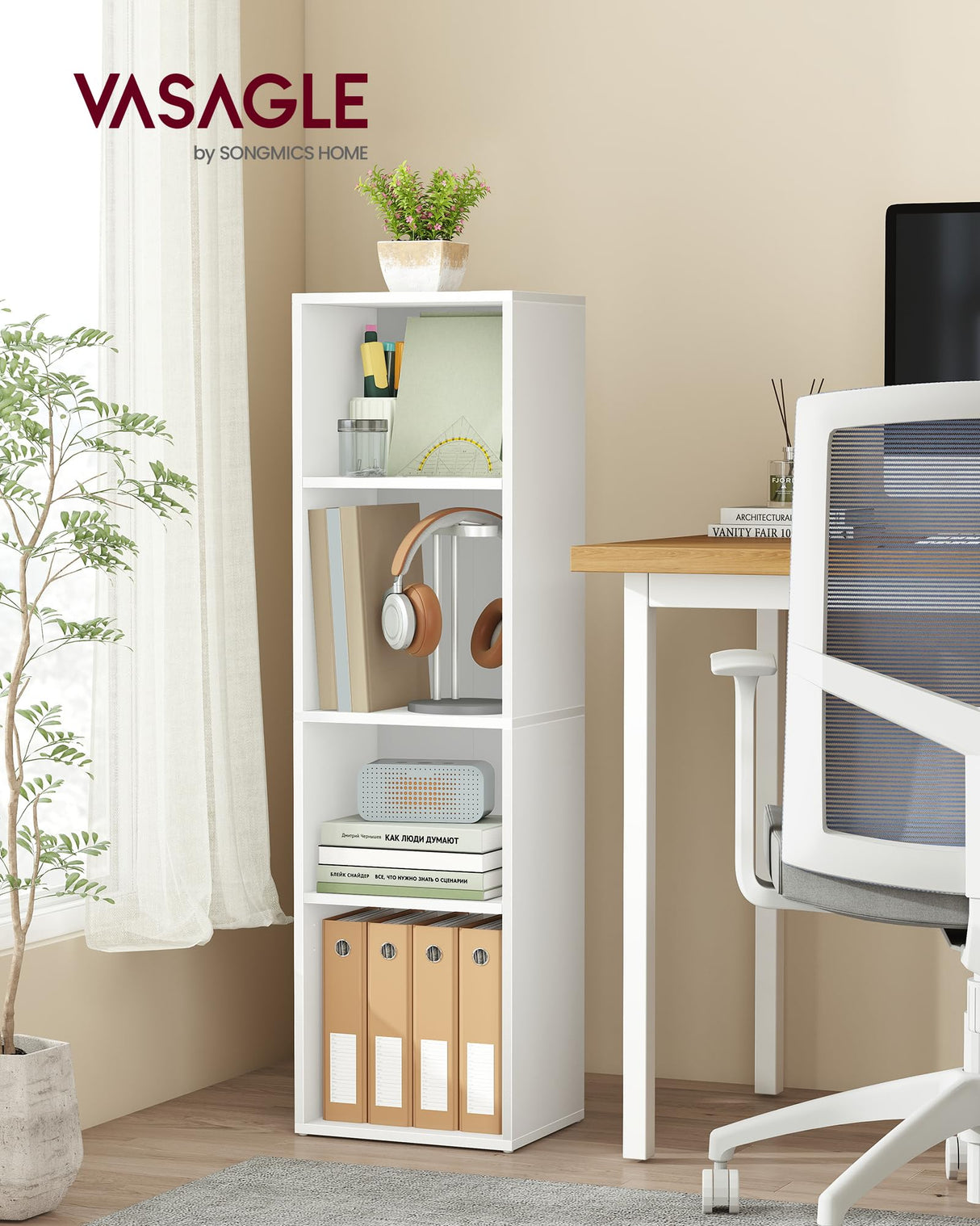 VASAGLE Custos Collection - Bookshelf, 4-Tier Bookcase, Book Shelf, Open Storage Shelf, 9.4 x 11.8 x 41.7 Inches, for Living Room, Home Office, Dining Room, Cloud White ULBC434W01