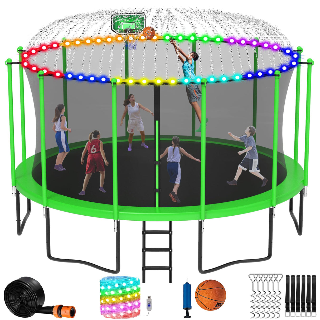 LHX 12FT Tranpoline for Adults and Kids, 1500LBS Tranpoline with Enclosure Net, Basketball Hoop and Ball, Outdoor Tranpoline with Light, Sprinkler, Ladder, Stakes Anchors - ASTM Approval LHX