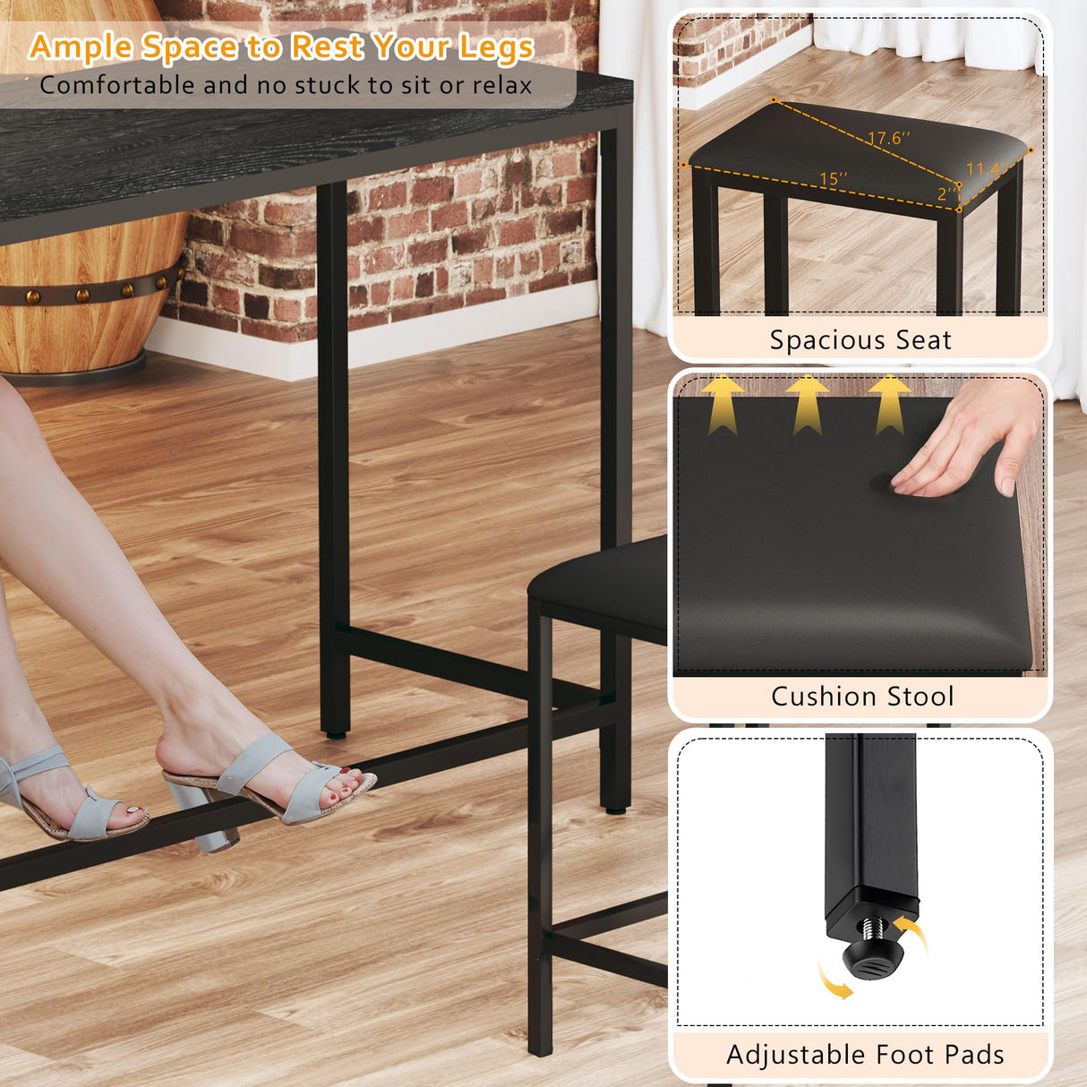 HUAHUU Bar Table and Chairs Set for 2-4, 63'' Convertible L-Shaped Kitchen Table with Power Outlets, 3 Piece Counter Height Small Dining Table with 2 Stools, Space Saving, Breakfast Nook Corner, Black HUAHUU