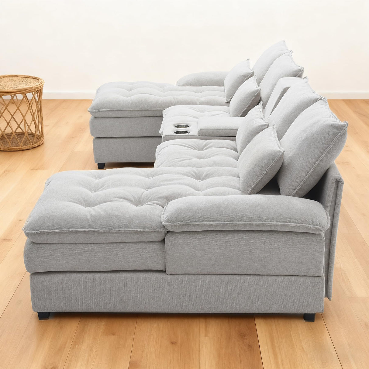 HYJT-H&K 130" U Shaped Comfy Fluffy Cloud Sectional Couches for Living Room, Oversized Modular Sectional Sofa with Chaise Lounge & Tufted Buttons, Modern Linen 6 Seater Sofa Set with Console Beige HYJT-H&K