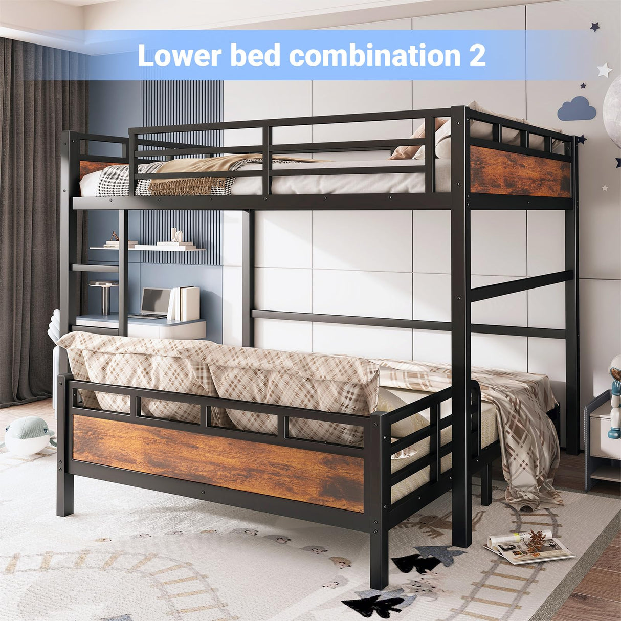 HKOLIE Queen Over Queen Bunk Bed, Convertible Metal Bunk Beds Can Separate into Loft Bed and Platform Bed, Heavy Duty Noise-Free Bed Frame with Safety Rails for Adults Teens Kids, Black HKOLIE