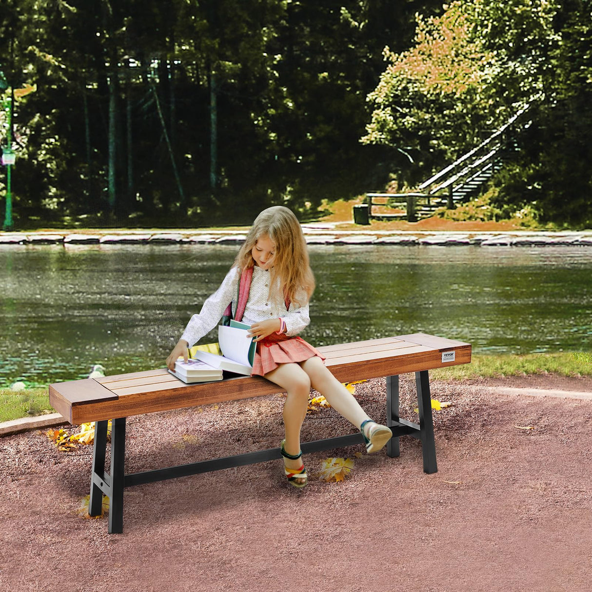 VEVOR 63 inch Outdoor Wood Bench Metal Leg, Solid Wood Garden Bench,Outdoor Backless Bench Weatherproof,Never Rot or Fade Patio Bench for Garden, Park, Yard, Front Porch VEVOR