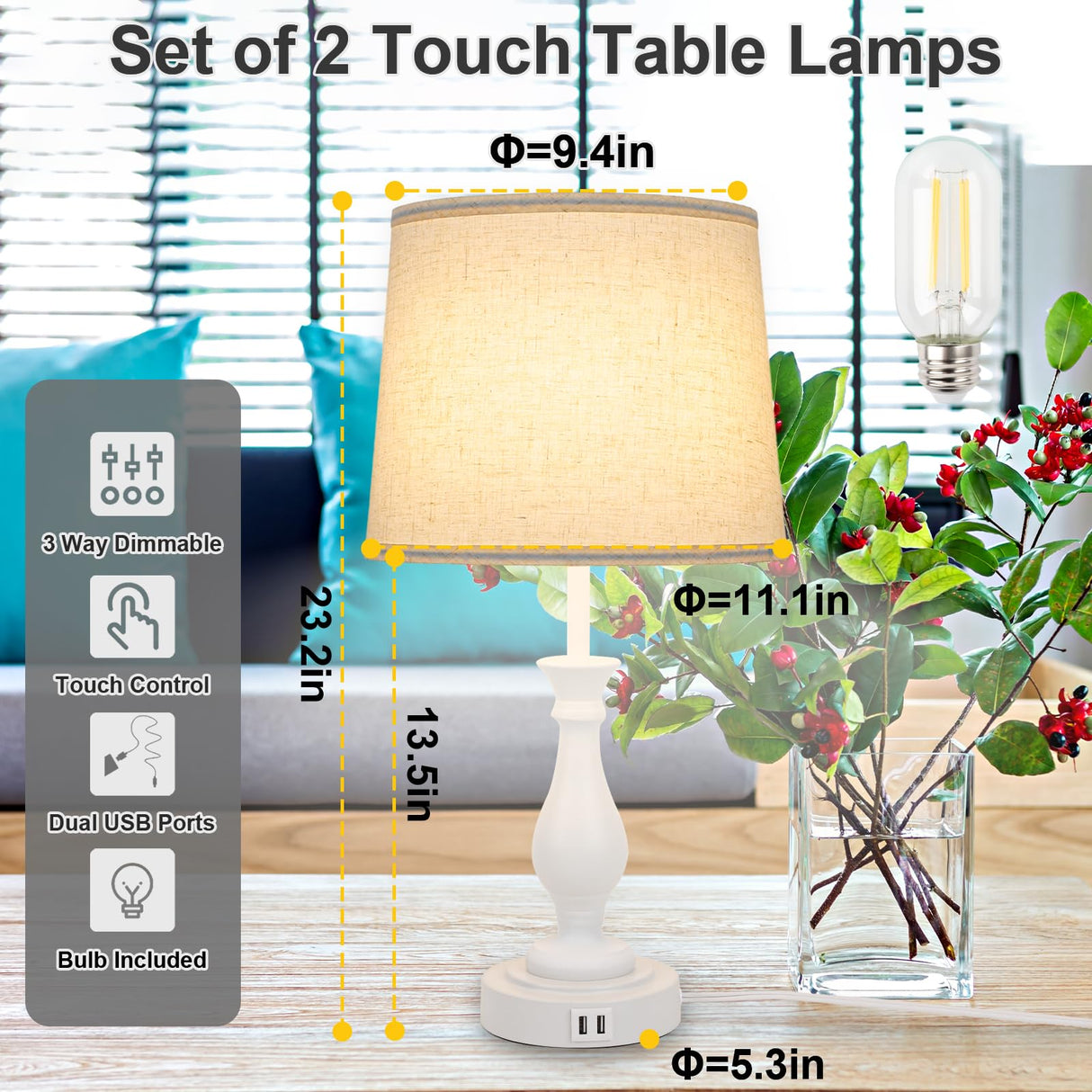 Farmhouse Table Lamp Touch Control 3-Way Dimmable Table Lamp, Modern Nightstand Lamp with 2 USB Port Bedside Desk Lamp with Fabric Shade for Living Room Bedroom Hotel (Pack-01 White) LALISU