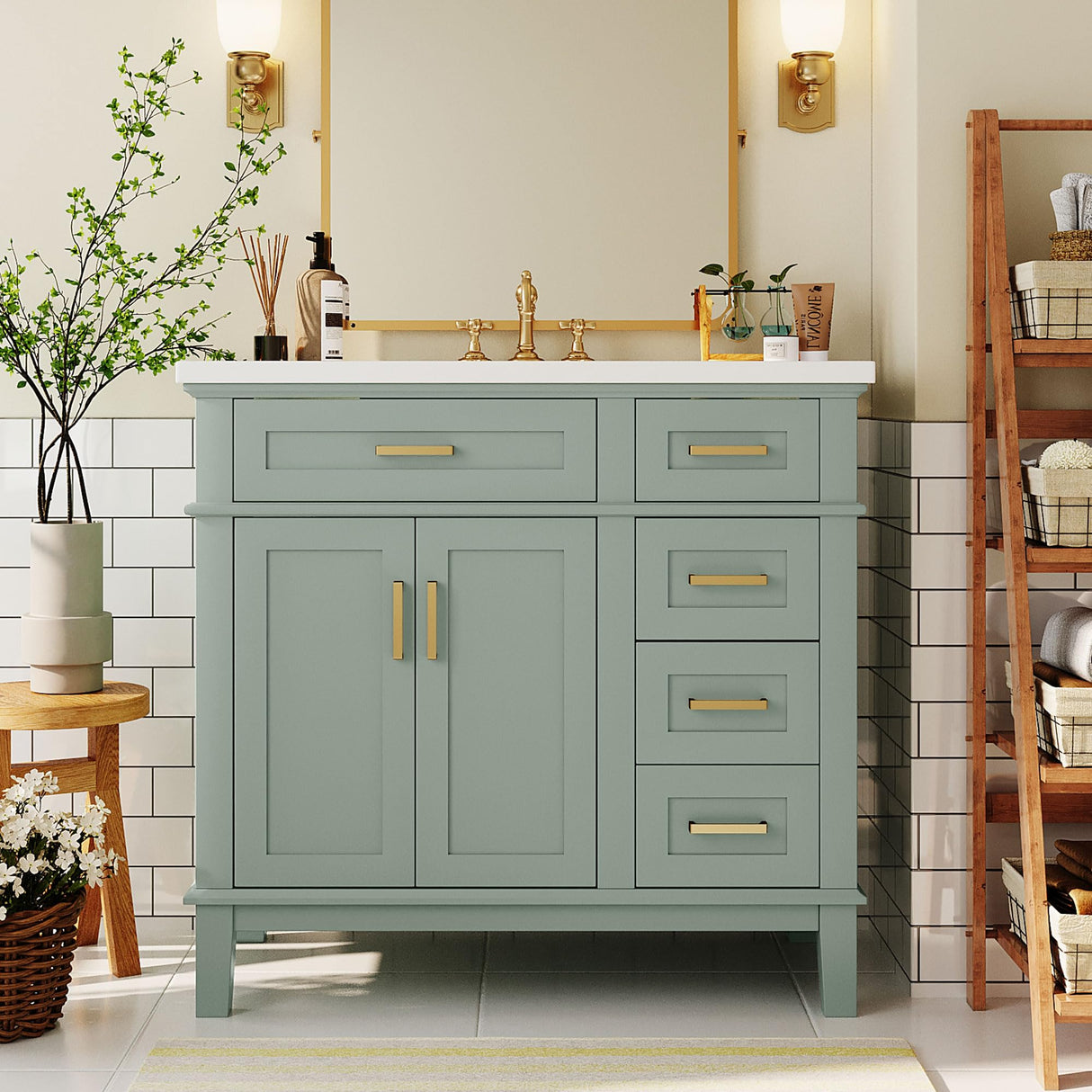 LUMISOL 36" Bathroom Vanity with Sink Combo, Modern Green Bathroom Storage Cabinet with Tip-Out Drawer, 3 Drawers & 2 Soft-Close Doors, Solid Wood Bathroom Vanity with Undermount Sink, Green LUMISOL