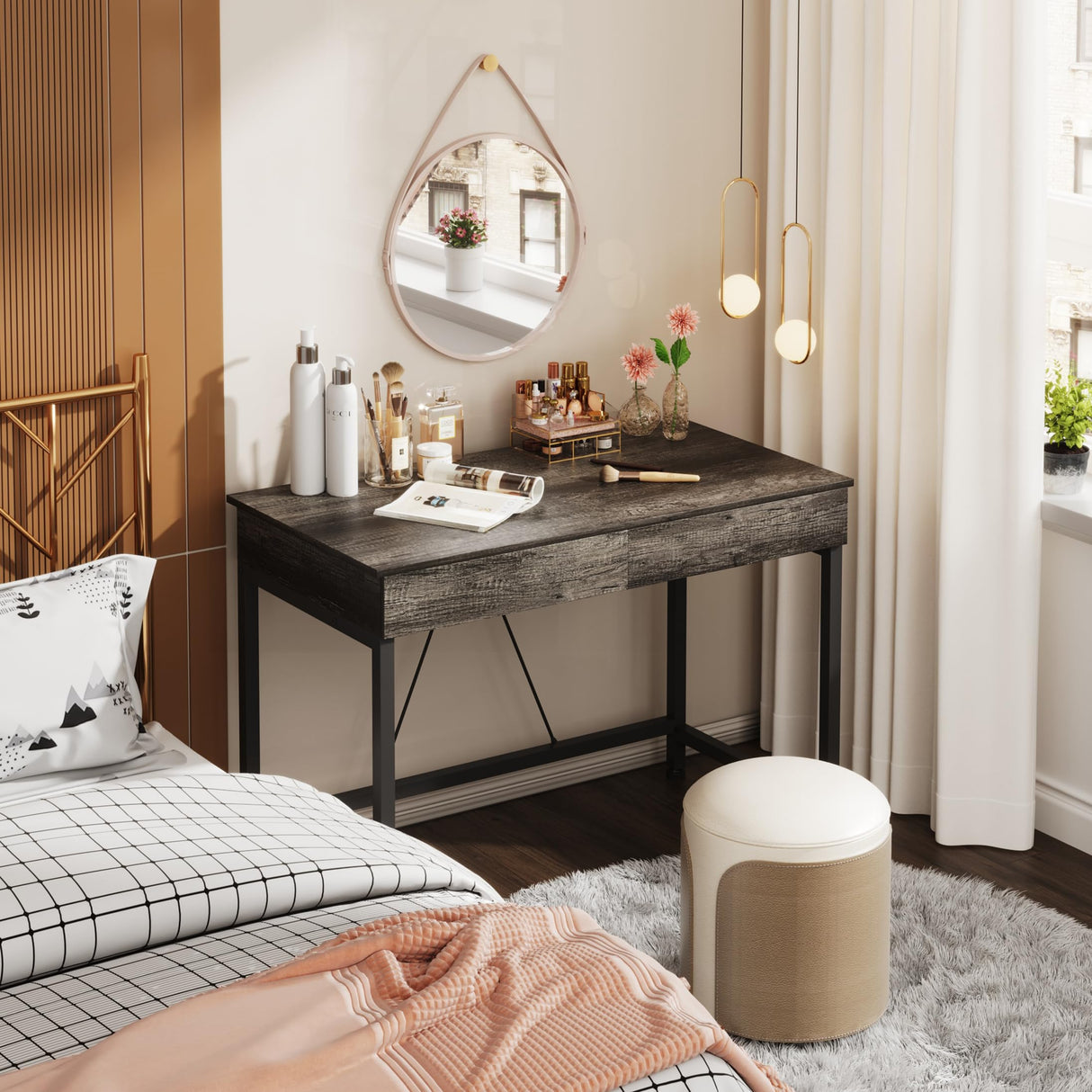 Mexin Small Desk with 2 Wooden Drawers, 40 Inch Home Office Writing Desk, Vanity Desk with Storage, Computer Desk for Bedroom Small Spaces, Desk Table for Office, Kids Study, Makeup, Grey Oak Mexin