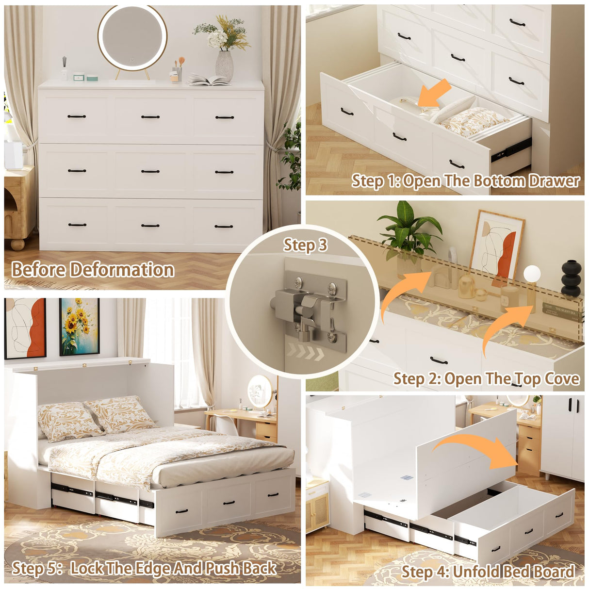 Full Size Murphy Bed with Charging Station and Drawer Farmhouse Cabinet Bed Wood Space-Saving Hidden Folding Platform Bed Chest for Home Office Bedroom Guest Room Apartment,White NEBZHASK