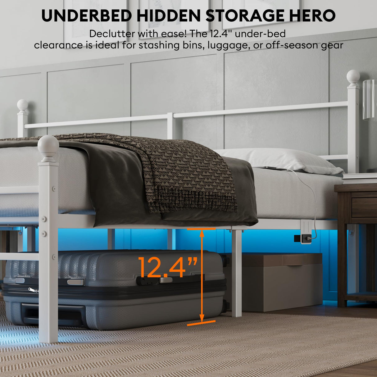 King Size Bed Frame with Headboard - Metal Platform Bed with LED Lights, Charging Station, Under Bed Storage and Heavy Duty Steel Slats Support - No Box Spring Needed, Easy Assembly, White BedNZZZ