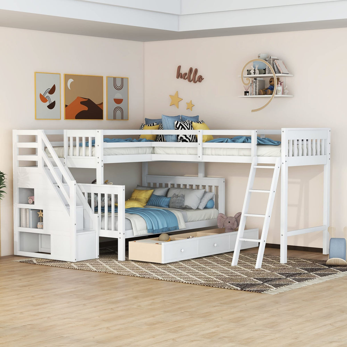 Bellemave L-Shape Triple Bunk Beds with Stairs and Storage Drawers Twin Over Full Bed Attached a Loft Wood Corner Bunked for 3 Kids Boys Girls Teens, White, White Stairs, Bellemave