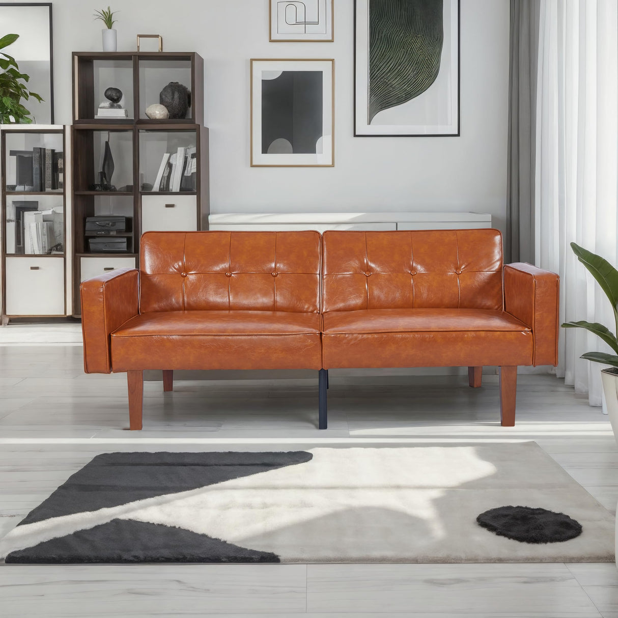 Trygoal Adjustable Backrest Convertable Sofa, Modern PU Leather 2-Seat Futon Sofa, Convertible Faux Leather Sleeper Couch with Armrests, Couch for Living Room Home Office Spaces, Brown Trygoal