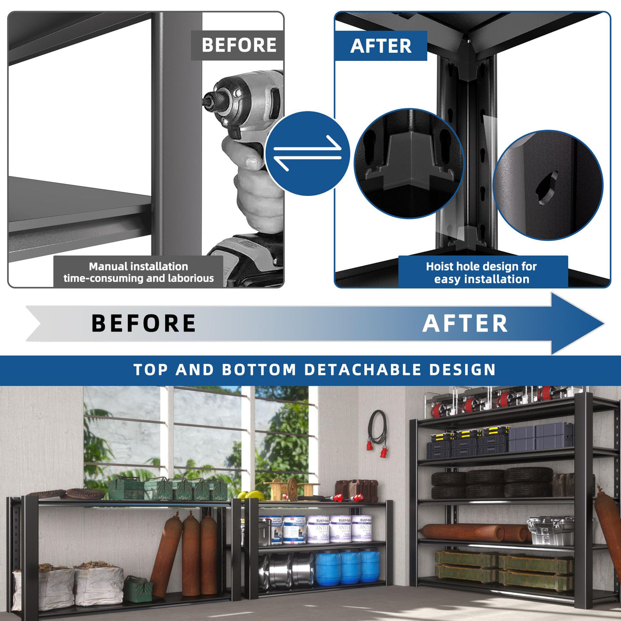 WOZBUD 76.6" H Heavy Duty Garage Shelving Unit, 60" W Adjustable Metal Storage Rack, 5-Tier Metal Shelves, 24" D Industrial Shelving for Garage, Basement, Workshop, Heavy Duty Storage Shelf.1Pack WOZBUD