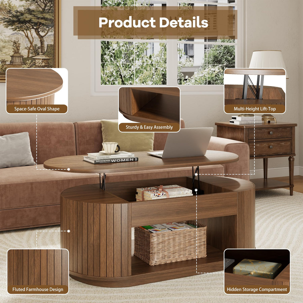 Lift Top Coffee Table, Oval Fluted Coffee Table with Storage for Living Room, Mid Century Modern Wooden Center Tables with 2 Tier Shelf, 43 Inch Tea Table Hidden Compartment for Home Office, Walnut Epecoya