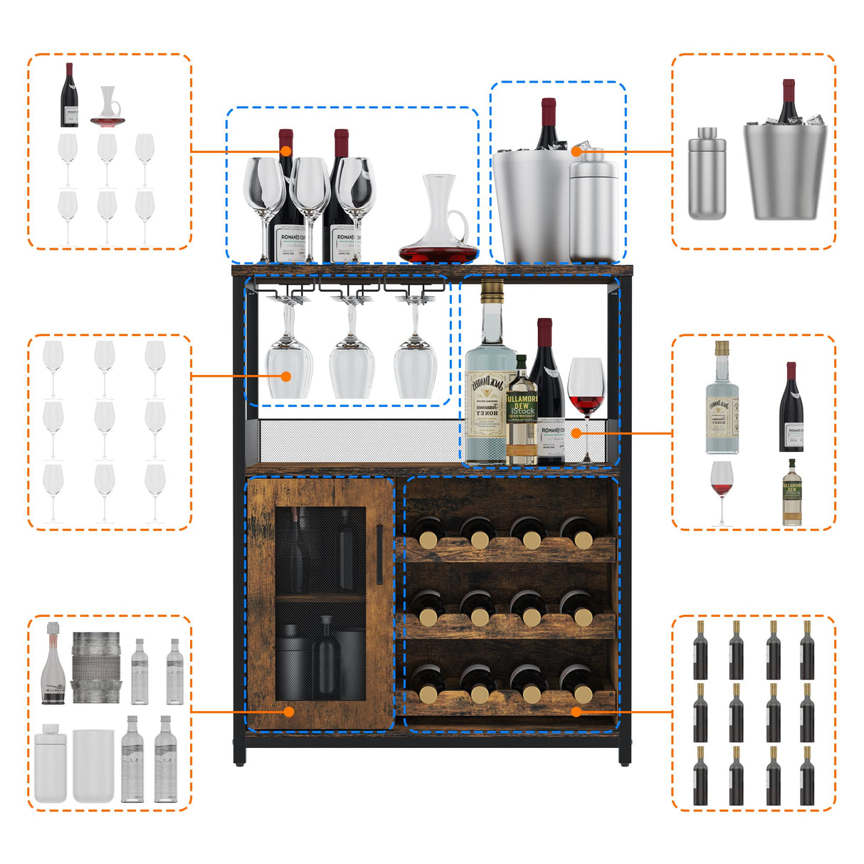 GAOMON Wine Bar Cabinet with Removable Wine Racks and 1 Drawer,Bar Cabinet with Glass Holder and Mesh Door for Liquor and Glasses (Rustic Brown) GAOMON