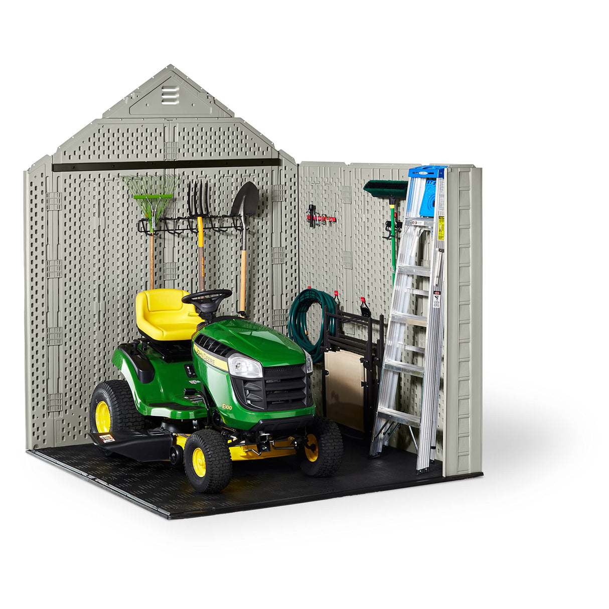 Rubbermaid Resin Outdoor Storage Shed With Floor (7 x 7 Ft), Weather Resistant, Beige/Brown, Organization for Home/Backyard/Garden Tools/Lawn Mower/Bike Storage/Pool Supplies Rubbermaid