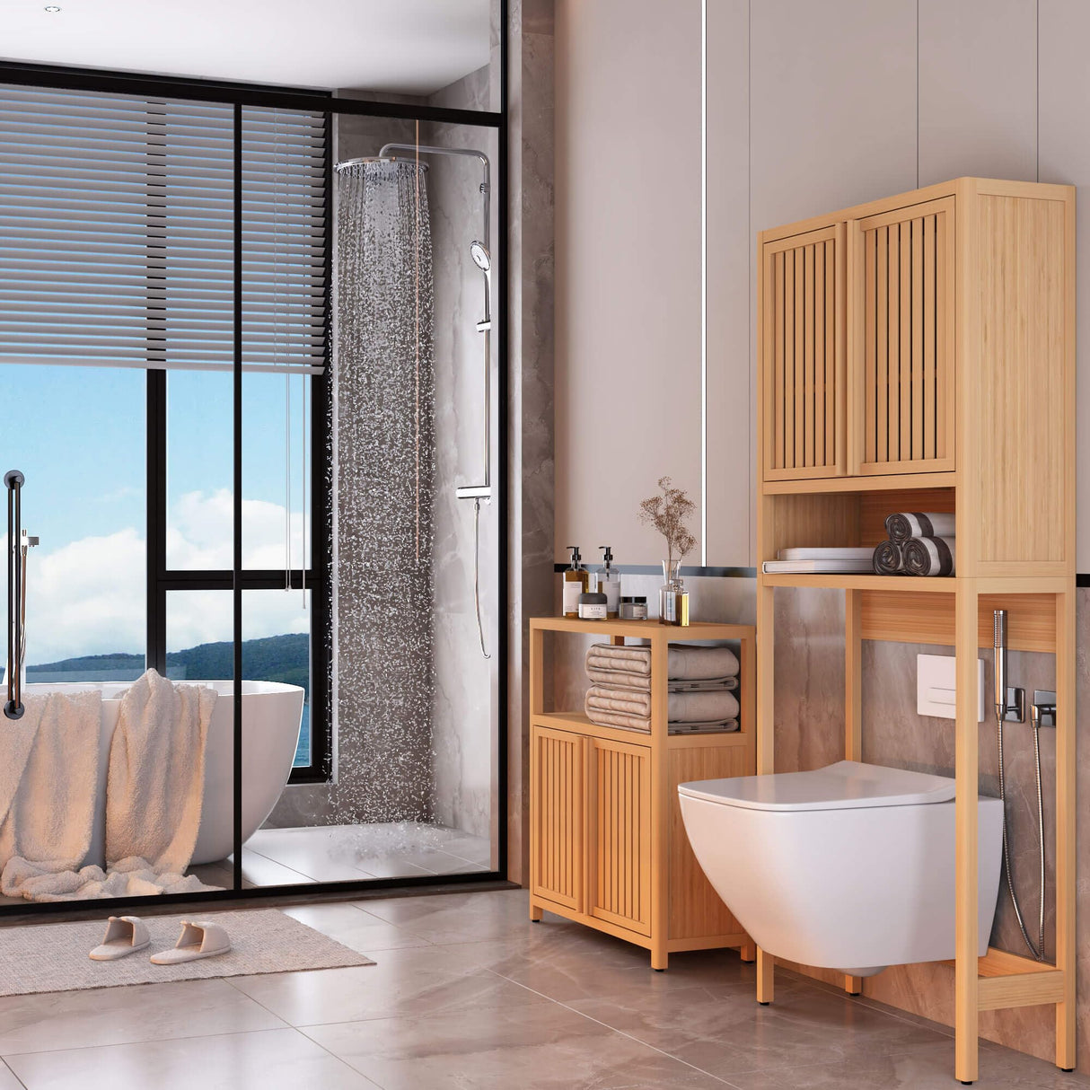 Xmatch Large Capacity Bamboo Bathroom Storage Cabinet with Open Shelf and 2 Doors Xmatch