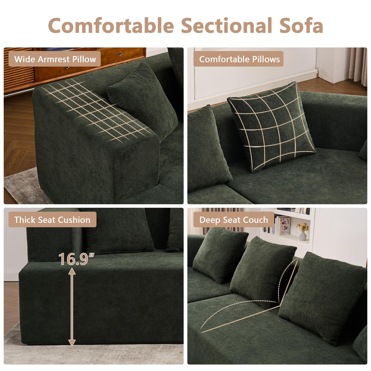 Aoowow 129.5" Modular Sectional Sofa, Modern Minimalist Sofa Comfy Deep Seat L Shaped with 5 Throw Pillows, Memory Foam Couch with Chenille Fabric, 3 Seater Cloud Couch for Living Room, Green Aoowow