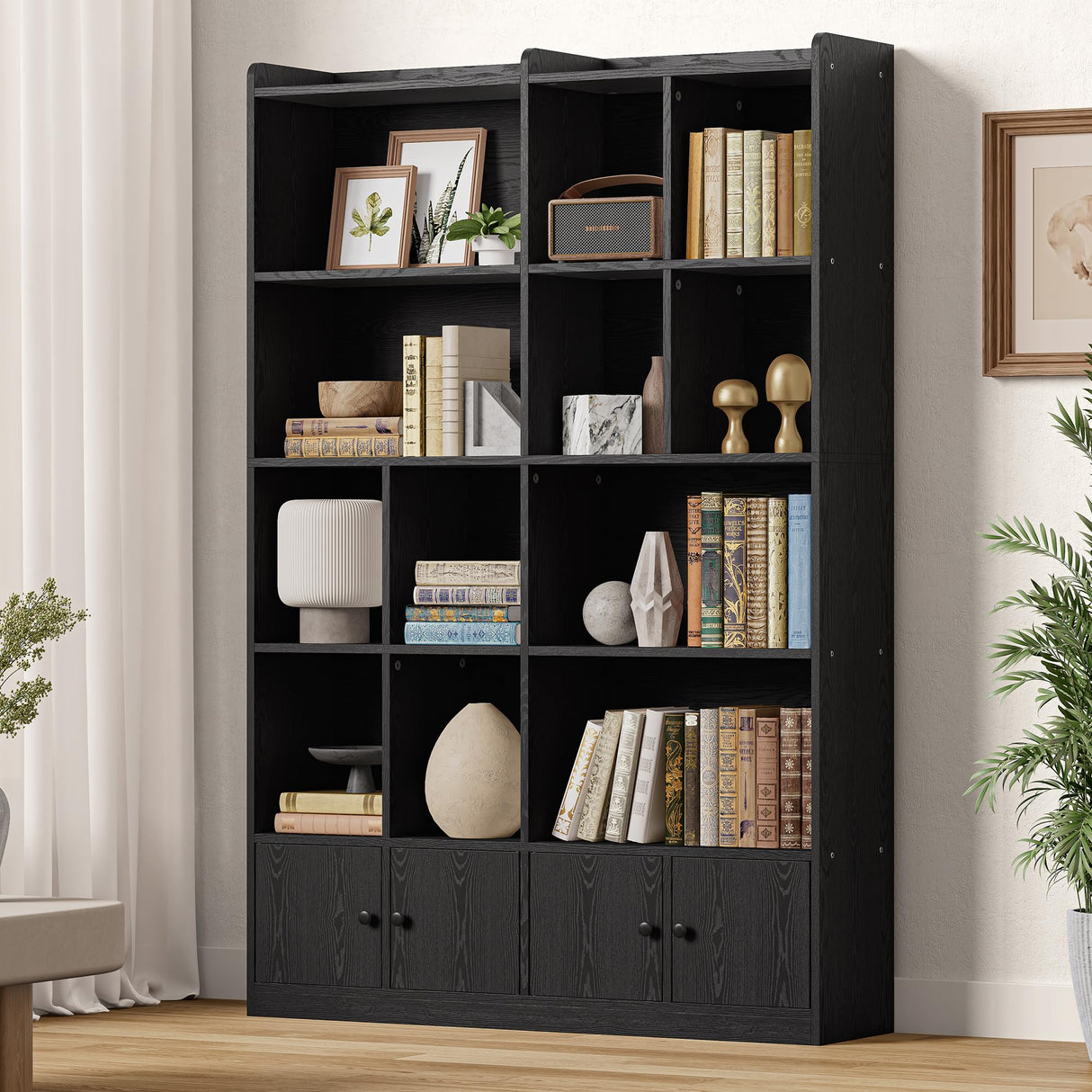 IRONCK Bookshelves and Bookcase, 6 Tiers Large Bookshelf with 4 Doors, Floor Standing Tall Display Storage Shelves for Home Office, Living Room, Bedroom, Black IRONCK