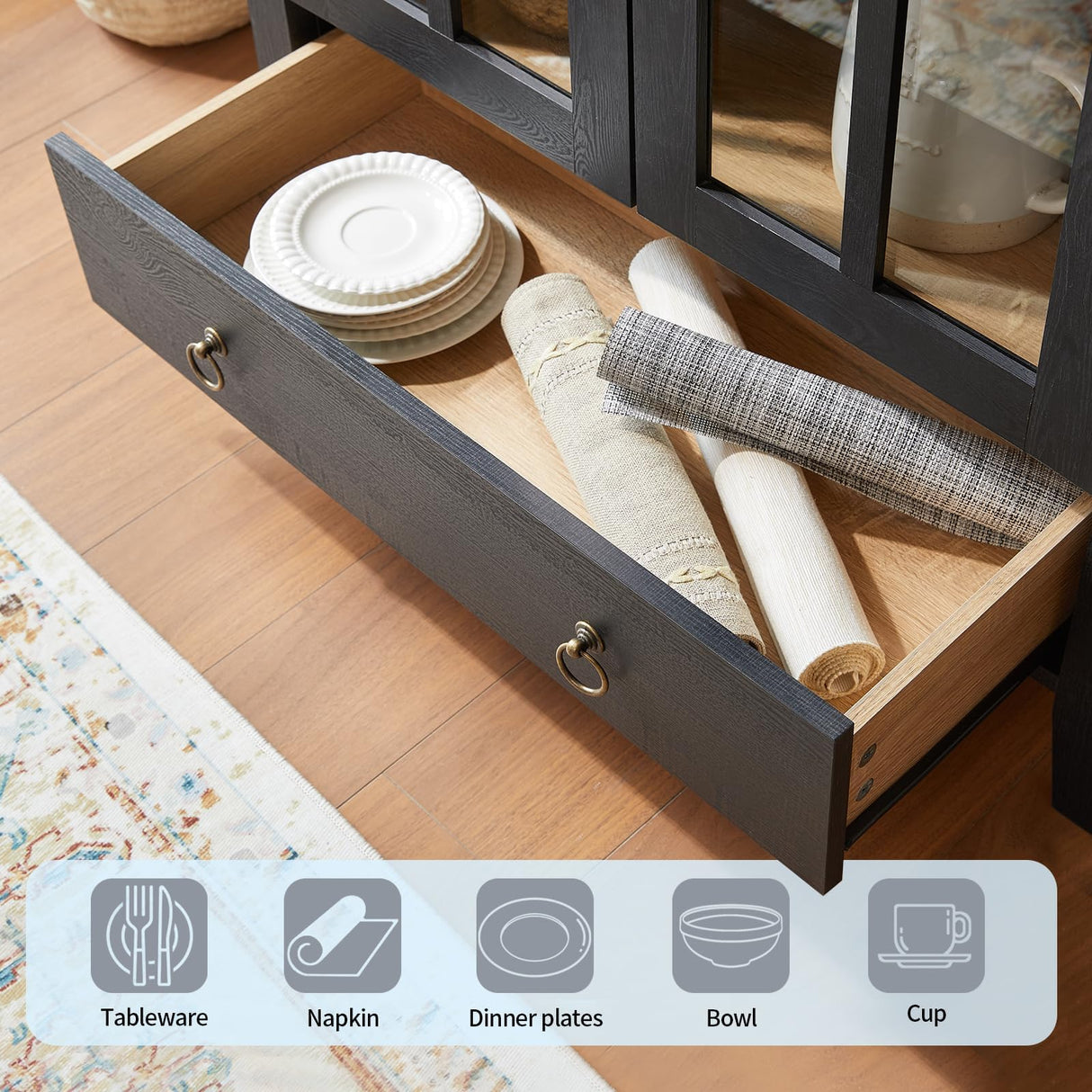 RowyPoey Farmhouse Arched Cabinet with Glass Doors, Wood Display Cabinet with Drawer and Adjustable Shelves, 71” Tall Bookshelf Modern China Storage Kitchen Pantry for Living Room,Office (Black) RowyPoey